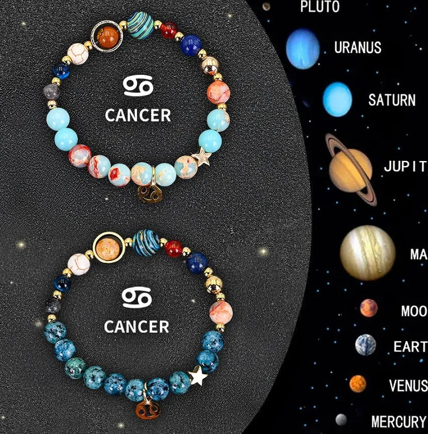 Two natural stone beaded bracelets featuring zodiac sign motifs available in various styles