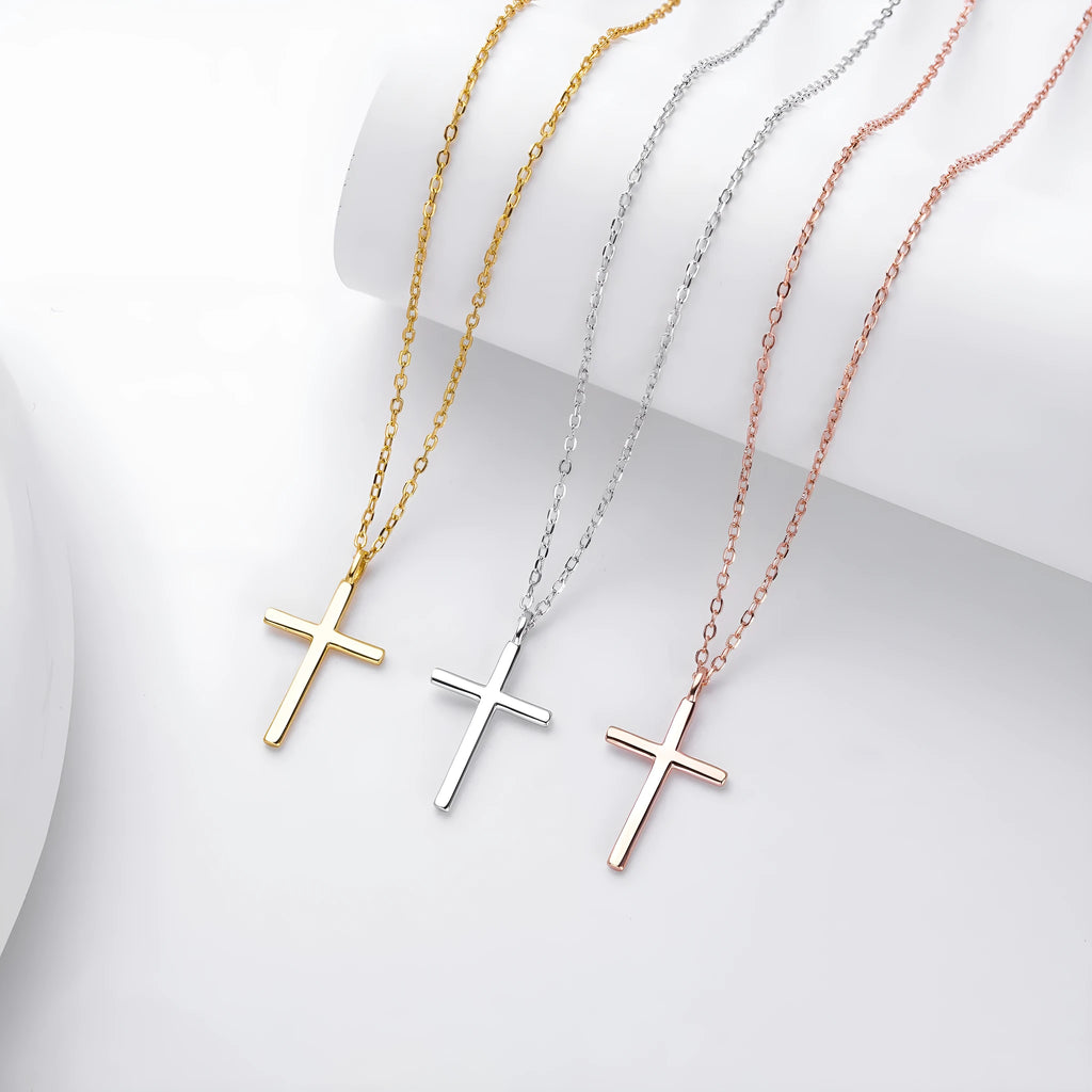 S925 sterling silver necklace with simple cross pendant on O-chain in gold plating