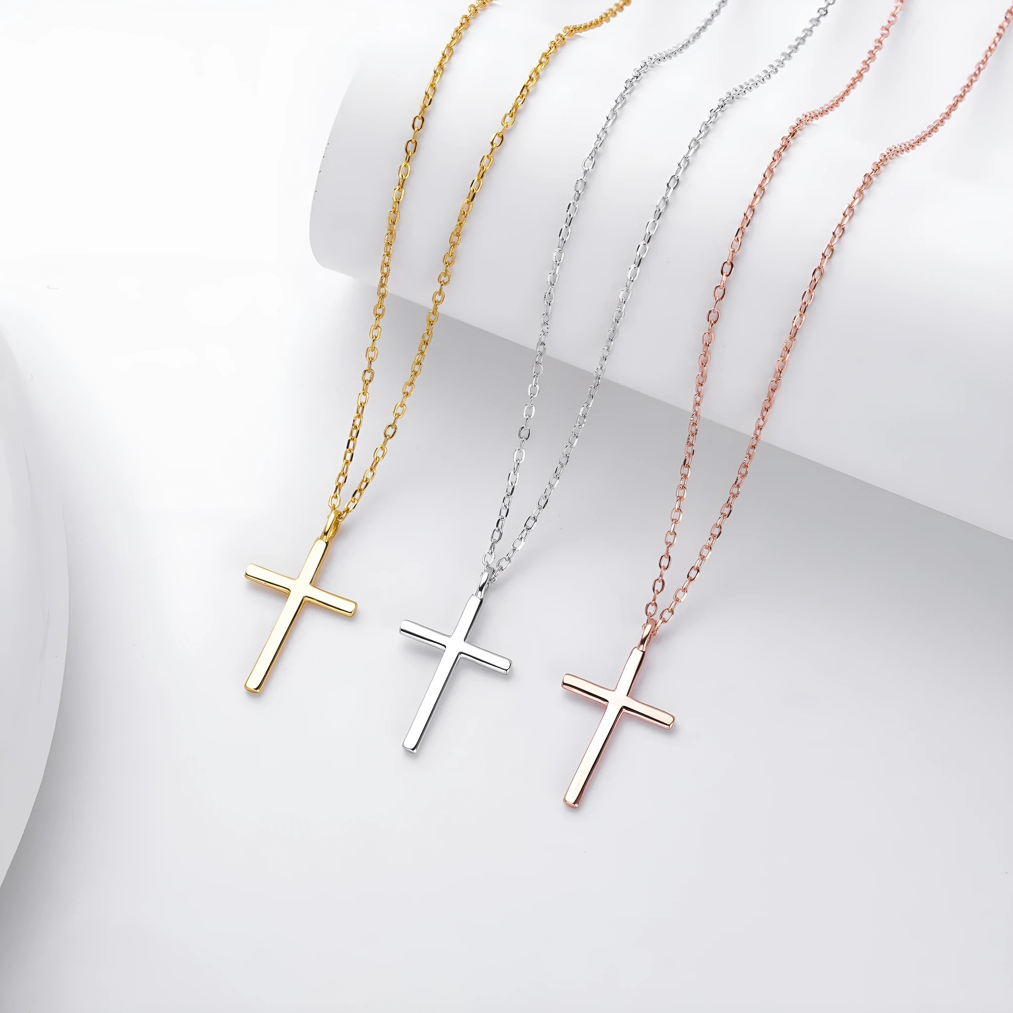 S925 sterling silver necklace with simple cross pendant on O-chain in gold plating