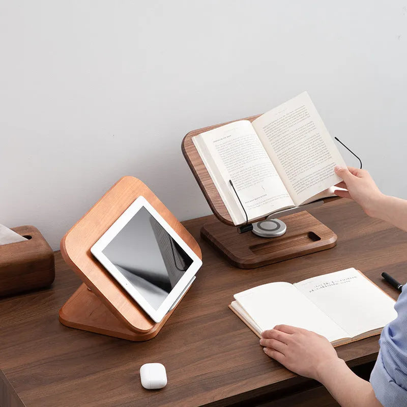 Solid walnut wood adjustable reading rack with rotating mechanism holding book and tablet