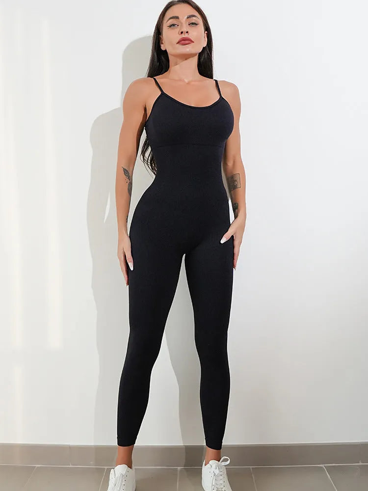 Women's black sleeveless jumpsuit romper with spaghetti straps and a backless design