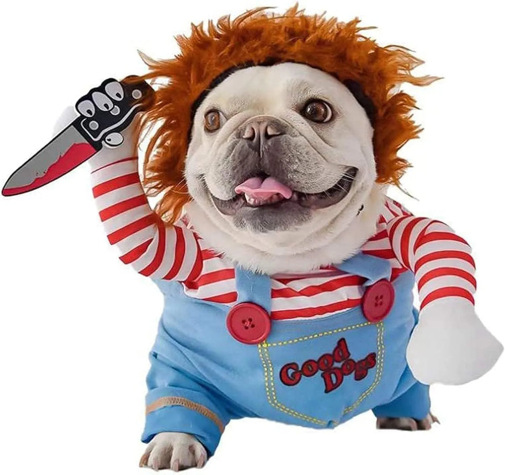 Striped Halloween harness pants costume 3-piece set for dog or cat with plastic knife accessory