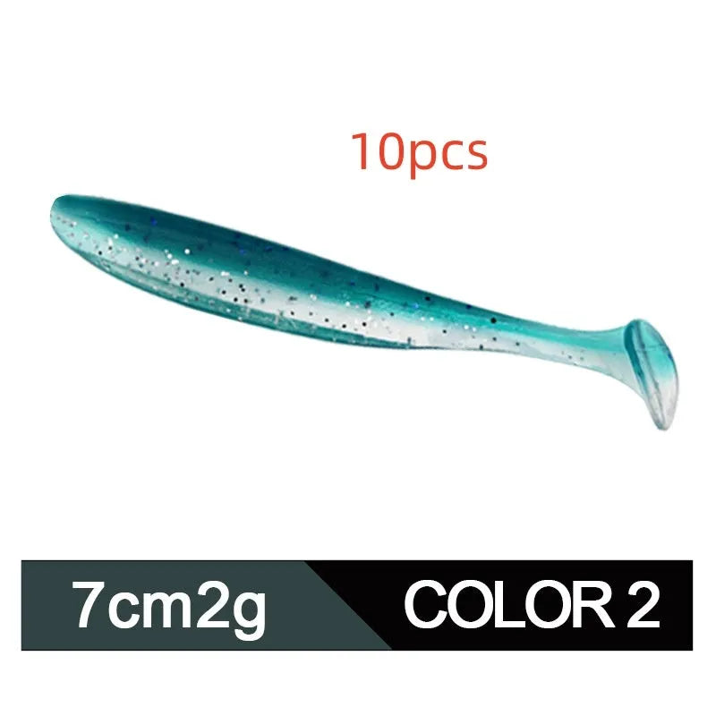 Soft plastic two-tone T-tail fishing lure measuring 7cm, shown in one of 14 available colour styles.