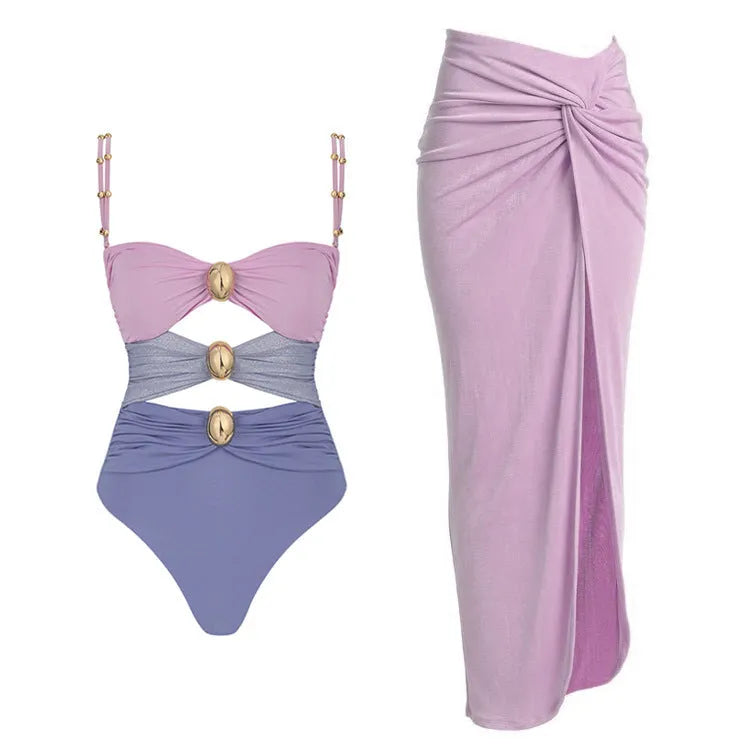 Women's gold button one-piece swimsuit with removable skirt in solid colour option
