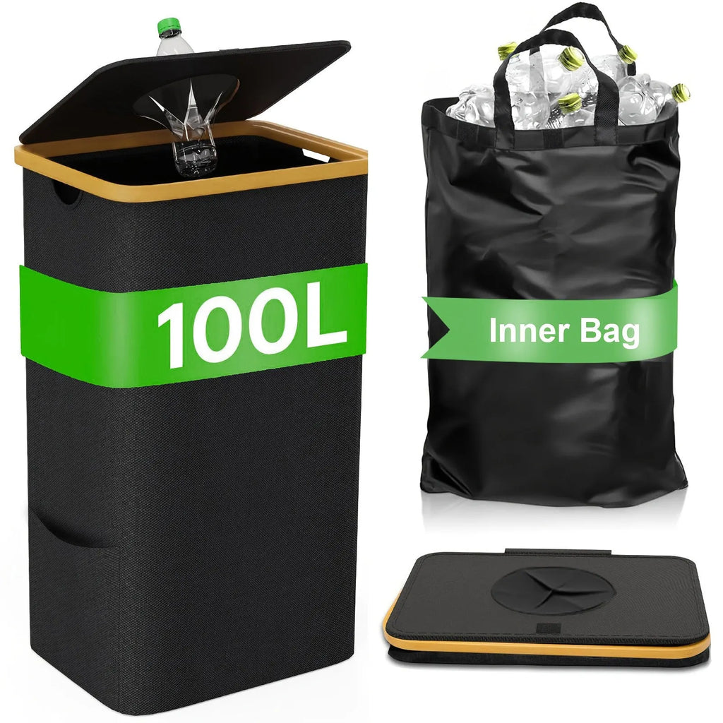 Black bamboo-lidded storage basket with Oxford cloth construction and double inner pockets