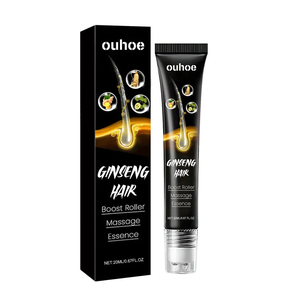 20ml ginseng massage essence bottle with roller ball applicator for scalp hair care