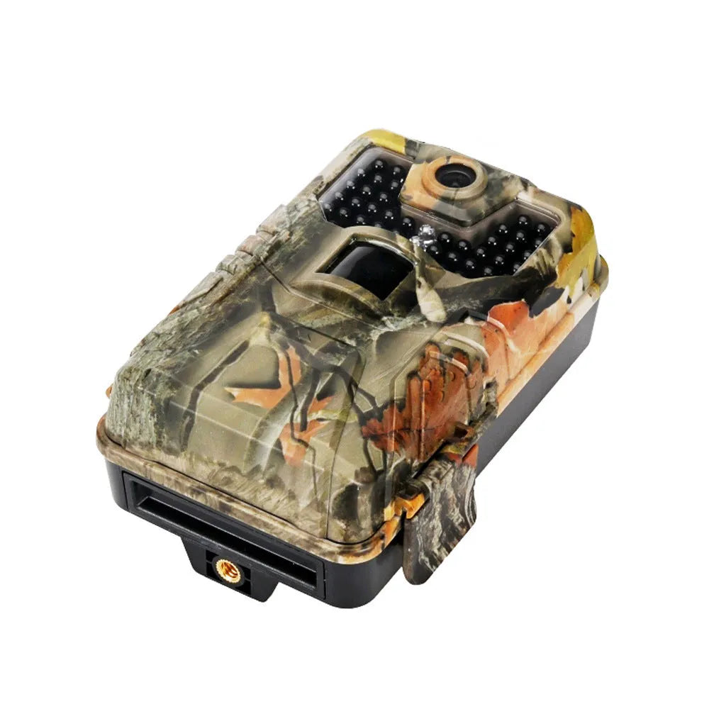 Outdoor hunting camera with camouflage finish showing LCD screen and infrared LED array