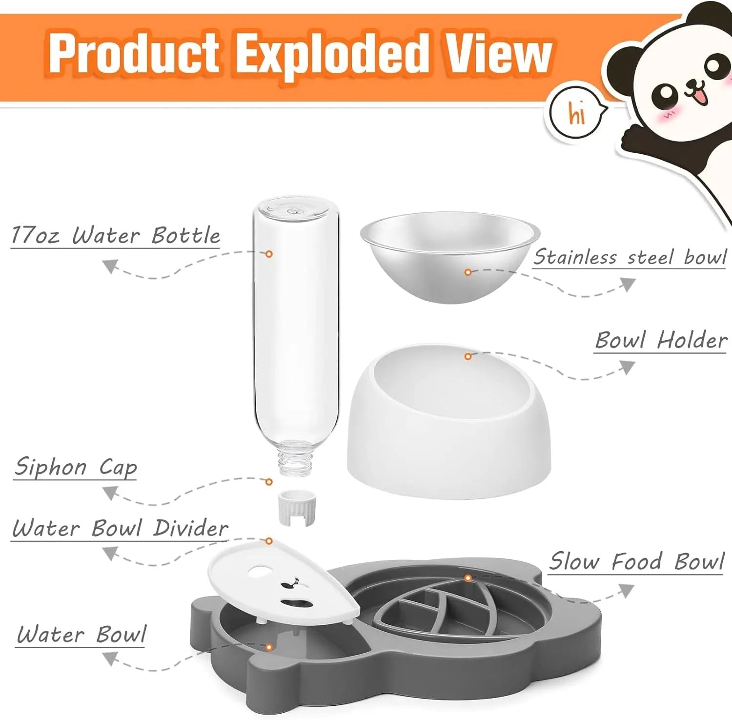 Grey and green panda-shaped automatic water dispenser and tilted pet food bowl set for cats and small dogs
