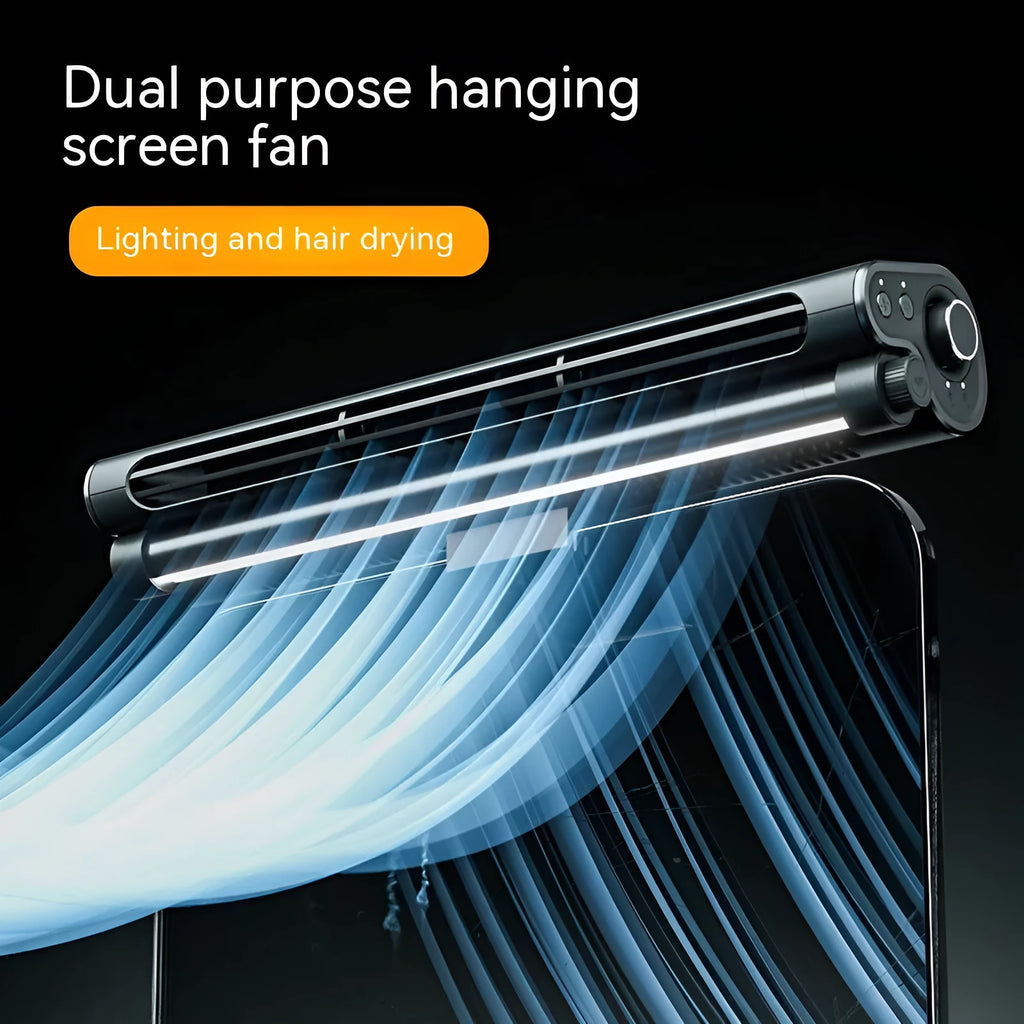 Black USB-powered bladeless clip-on fan with integrated lamp attached to a laptop screen.