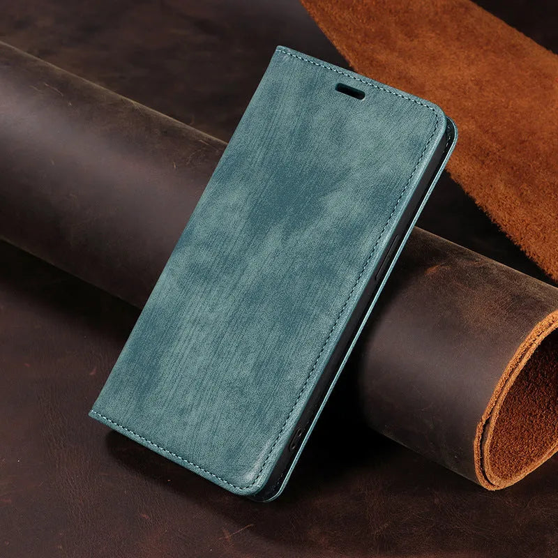 Magnetic flip phone case for iPhone in grey, made from TPU and leather with a solid colour design.