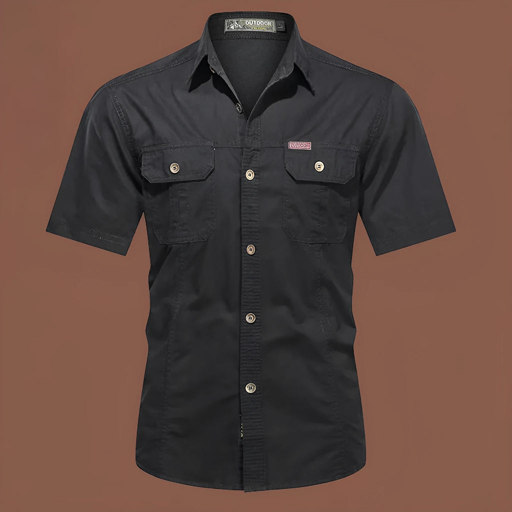 Men's short sleeve cotton work shirt in a loose cardigan style, shown in various colours including army green and blue.