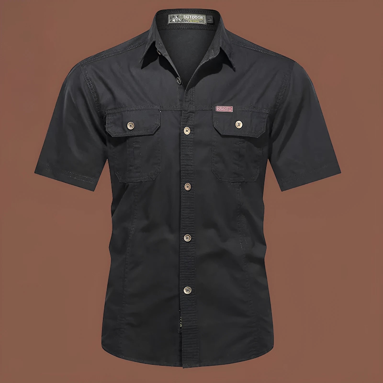 Men's short sleeve cotton work shirt in a loose cardigan style, shown in various colours including army green and blue.