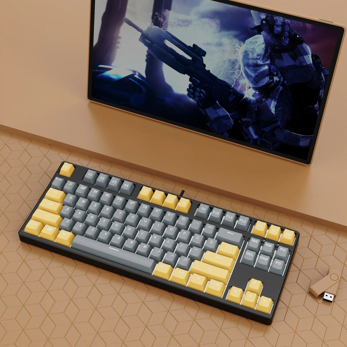 87-key hot-swappable mechanical gaming keyboard with two-tone keycaps and metal chassis