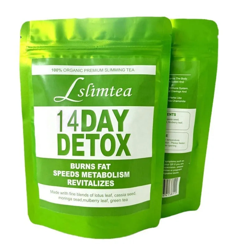 Box of 14-day herbal detox diet tea containing 14 individual sachets