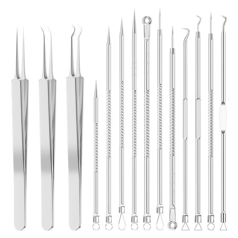 Four silver metal acne needles with ultra-fine pointed tips for blackhead extraction.