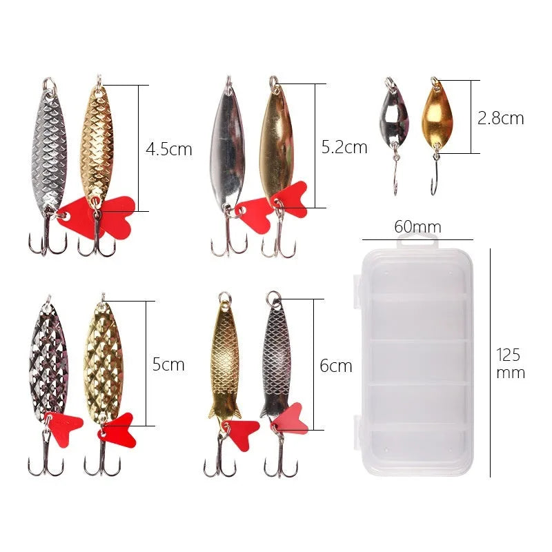 Box of gold and silver metal sequin false bait bodies for fishing lure repair and customisation.