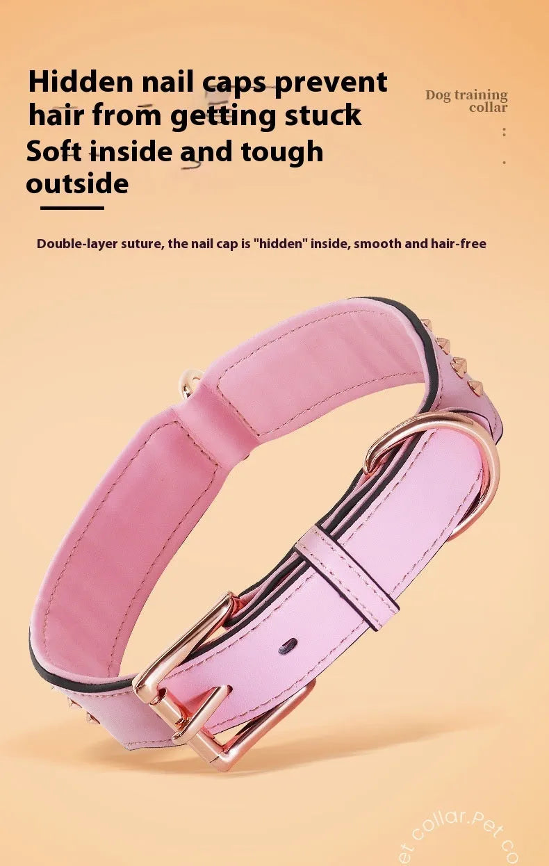 Genuine leather dog collar with metal rivet studs and a strong metal buckle in black, chocolate, or pink colour.