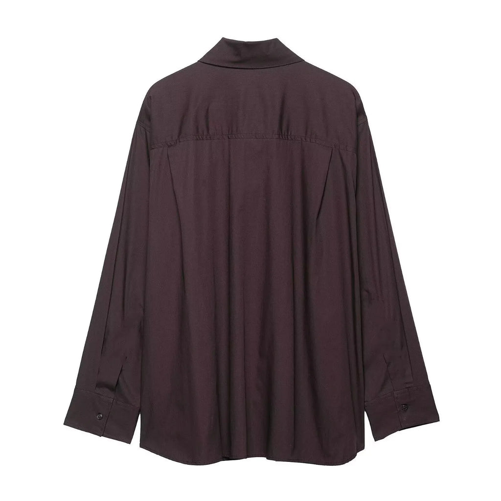Brown women's shirt with long sleeves and bow tie collar in polyester poplin fabric