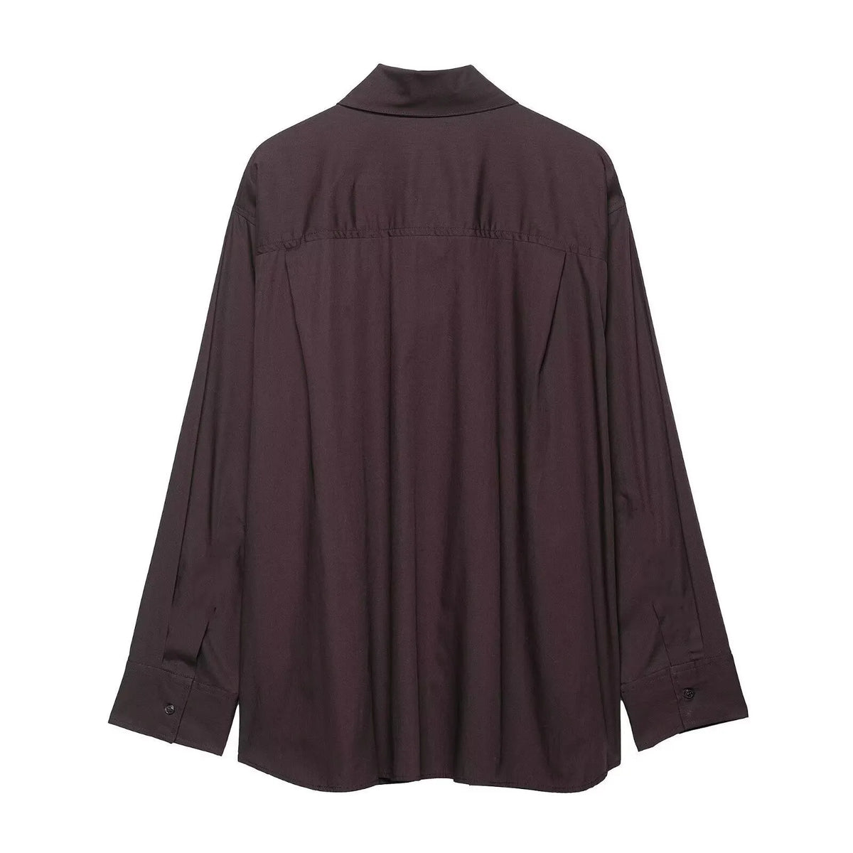 Brown women's shirt with long sleeves and bow tie collar in polyester poplin fabric