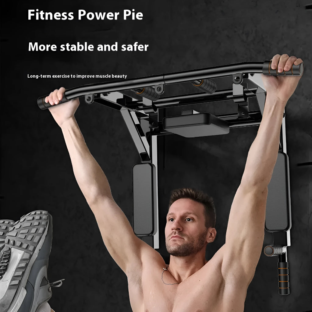 Black wall-mounted sandbag rack with parallel bars for pull-up exercises and martial arts training