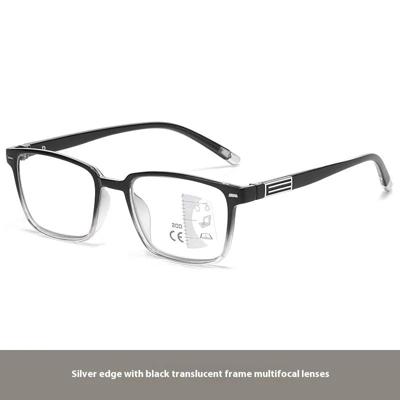 Multifocal reading glasses with color changing PC lens and black frame available in multiple degrees
