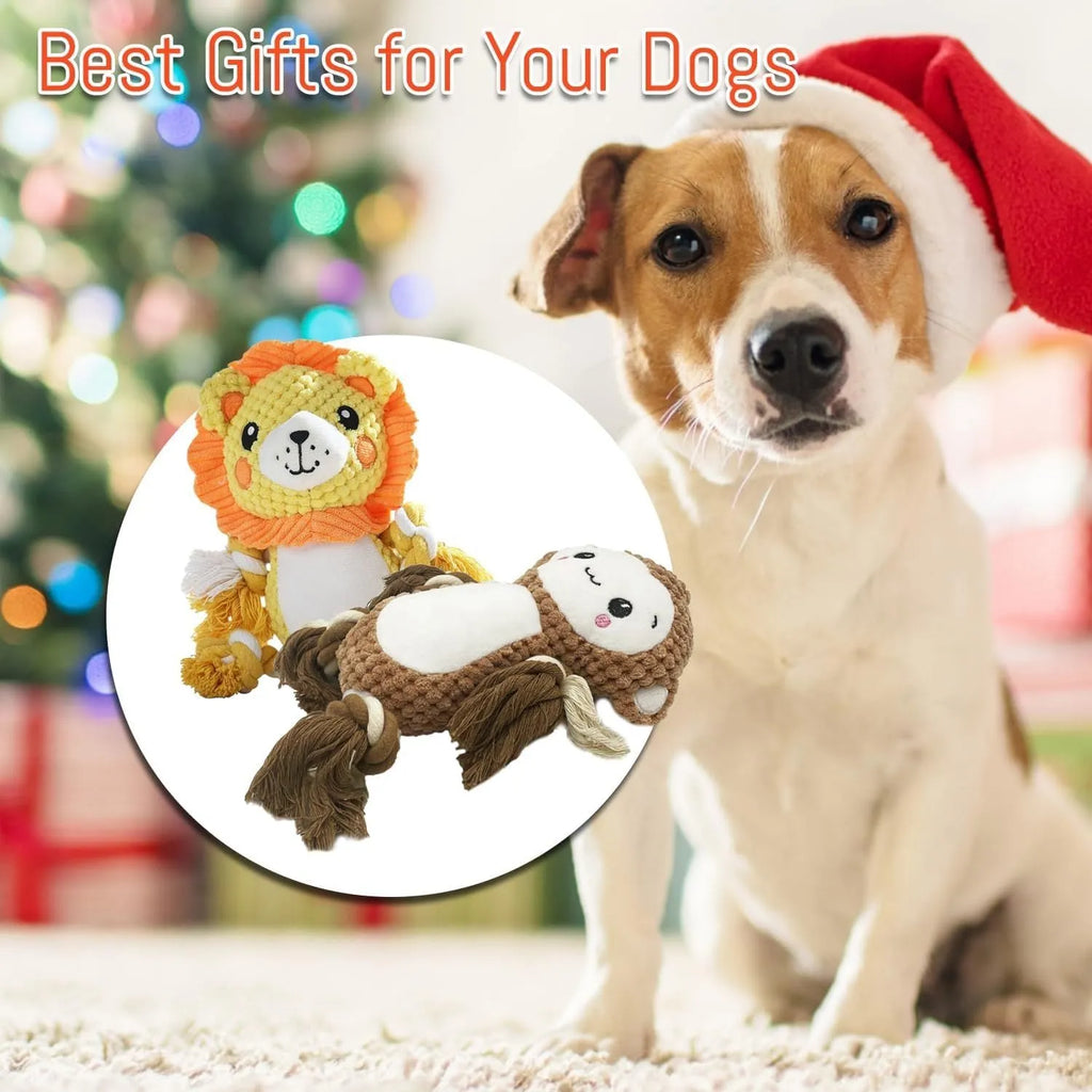 Lion and monkey plush squeaky dog toys for medium and large breeds