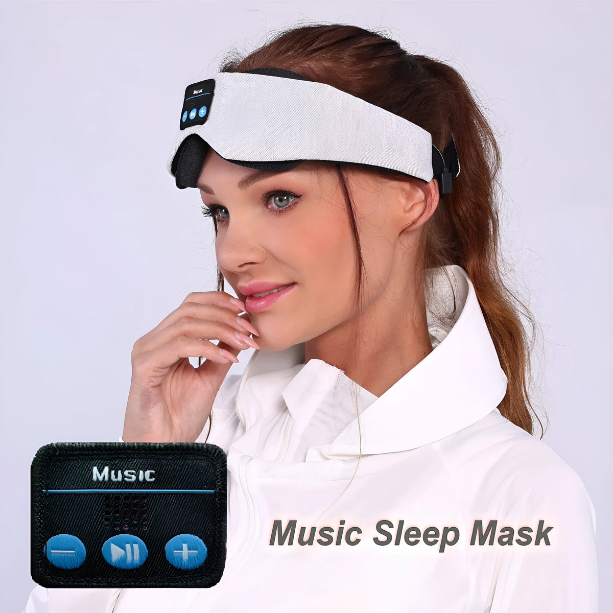 Grey outline Bluetooth sleeping eye mask with long eyelashes design and polyester eye cover