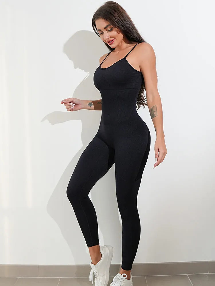 Women's black sleeveless jumpsuit romper with spaghetti straps and a backless design