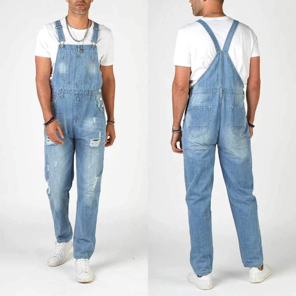 Men's light blue jeans with suspenders, ripped detailing, straight legs, and button fly