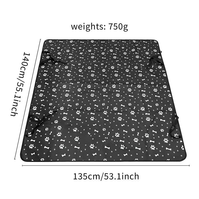 Grey cloth car pet mat with dog footprint print covering a car rear seat.