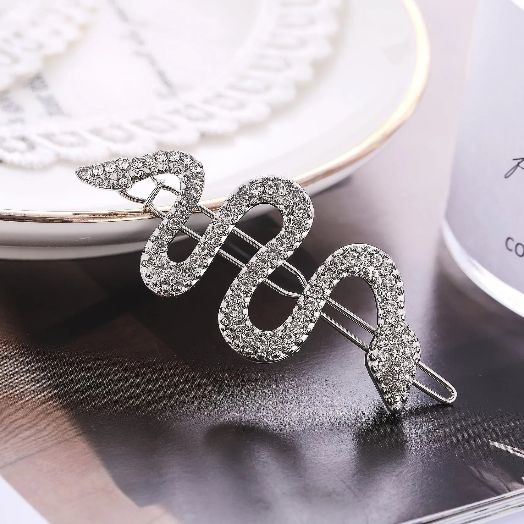 Korean vintage snake hair barrettes with rhinestone court styling in gold or silver electroplated finish