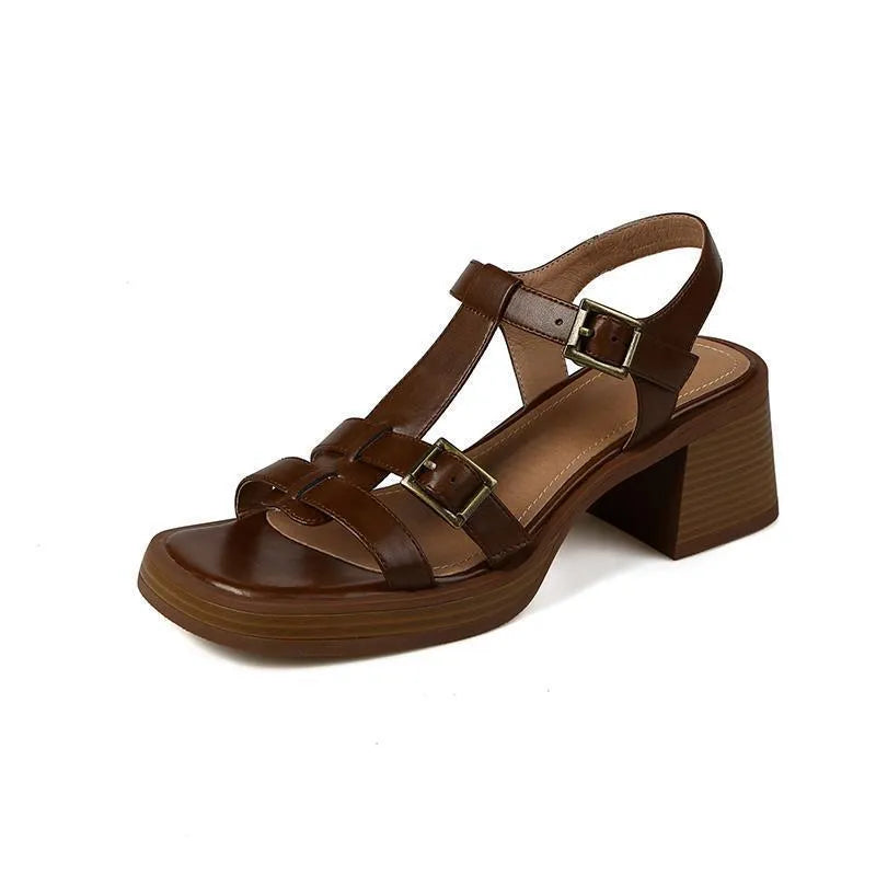 Women's black retro sandals with T-buckle strap, open toe, platform, and chunky heel