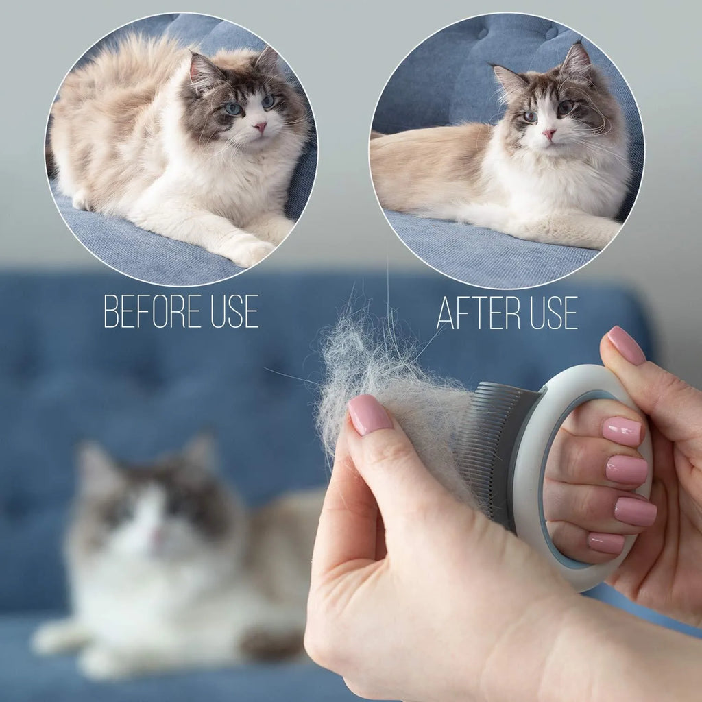 Blue pet grooming comb for deshedding and dematting cat and dog hair on a white background.