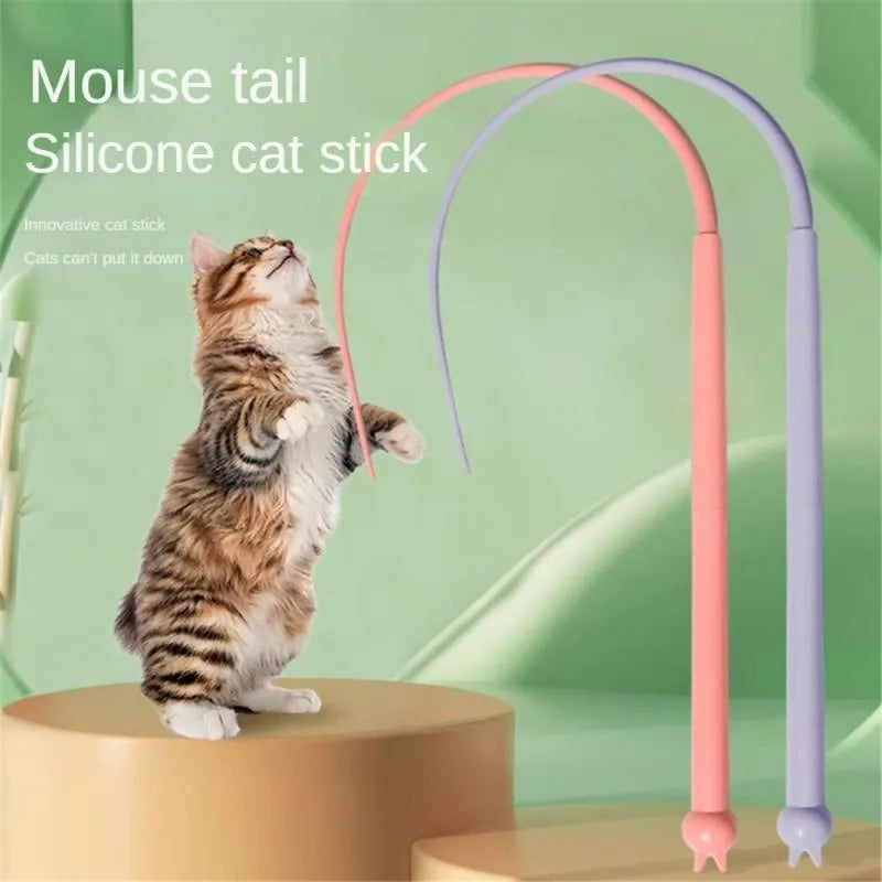 Blue silicone mouse tail cat toy with cat head design measuring 80cm in length