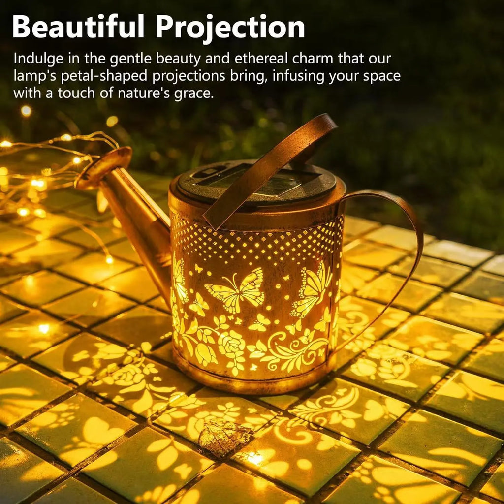 Solar butterfly kettle decorative outdoor light with wrought iron construction and dimensions 210mm high