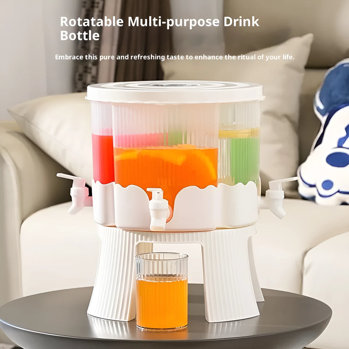 Rotating refrigerator water jug with faucet and four compartments in glacier pattern for cold drinks.