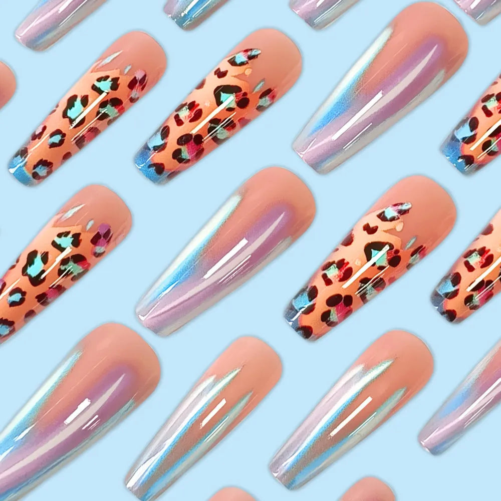 Blue edge French leopard print press-on nail tips in long ballet shape with jelly glue and nail stickers