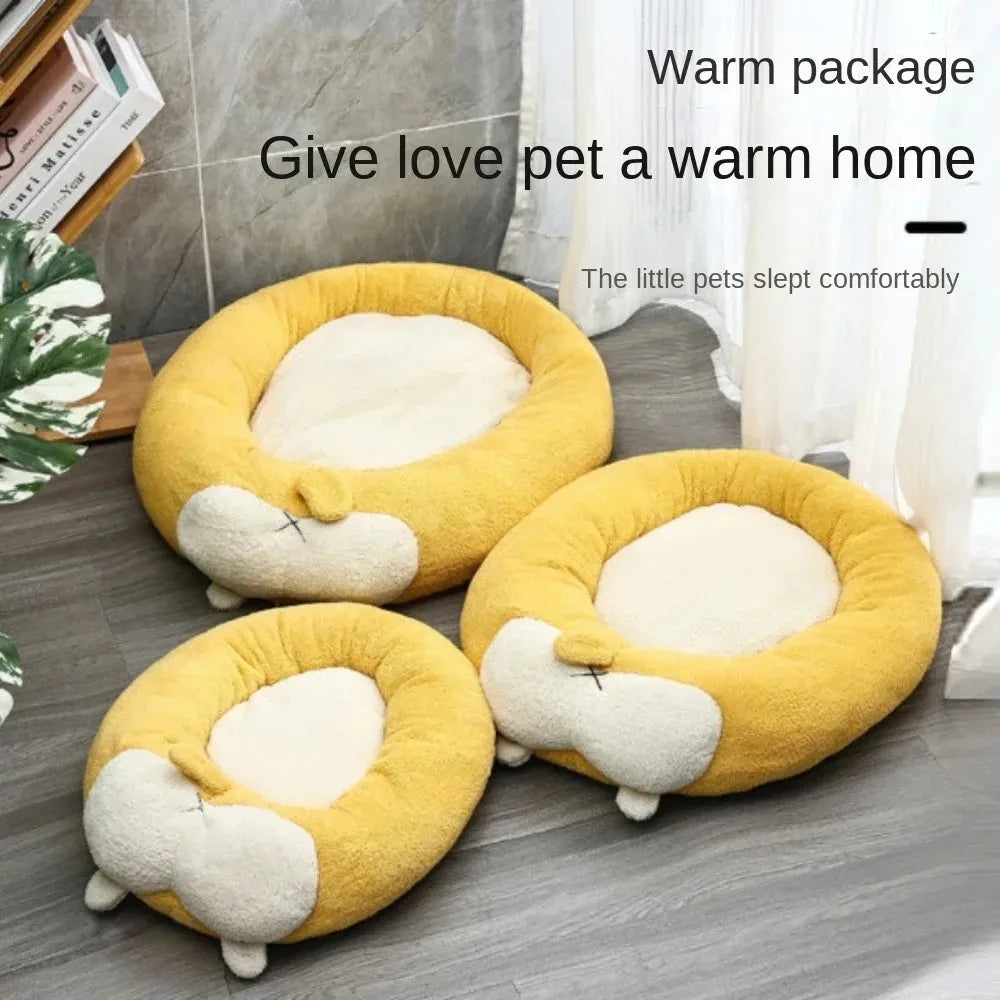 Corgi-shaped plush pet bed for dogs and cats in three sizes on a neutral background.