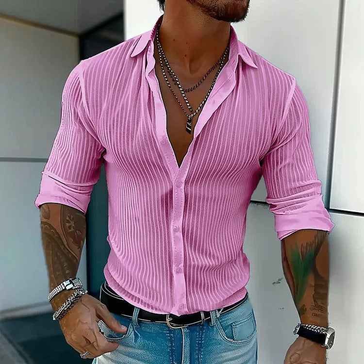 British-style loose fit men's striped long sleeve cardigan shirt on a hanger.