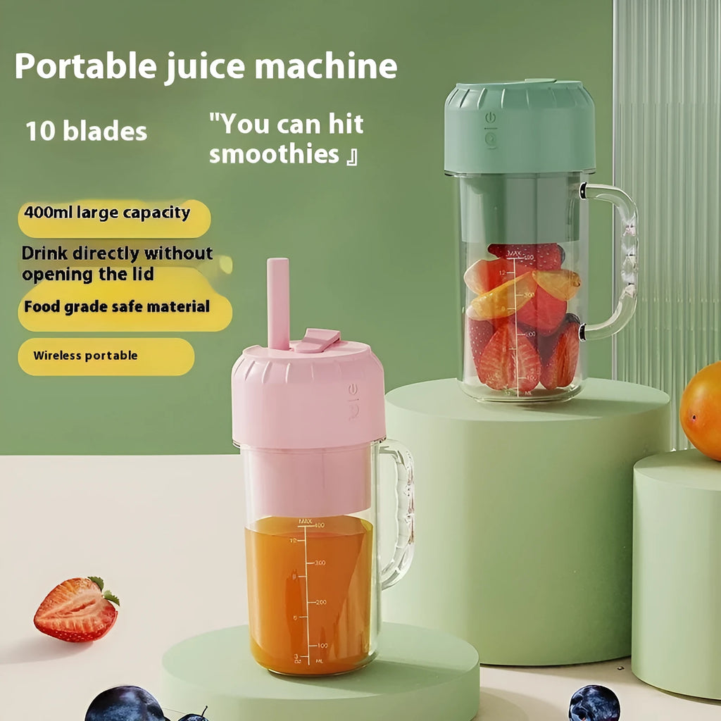 Portable USB juicer in cherry blossom pink or avocado green with plastic housing