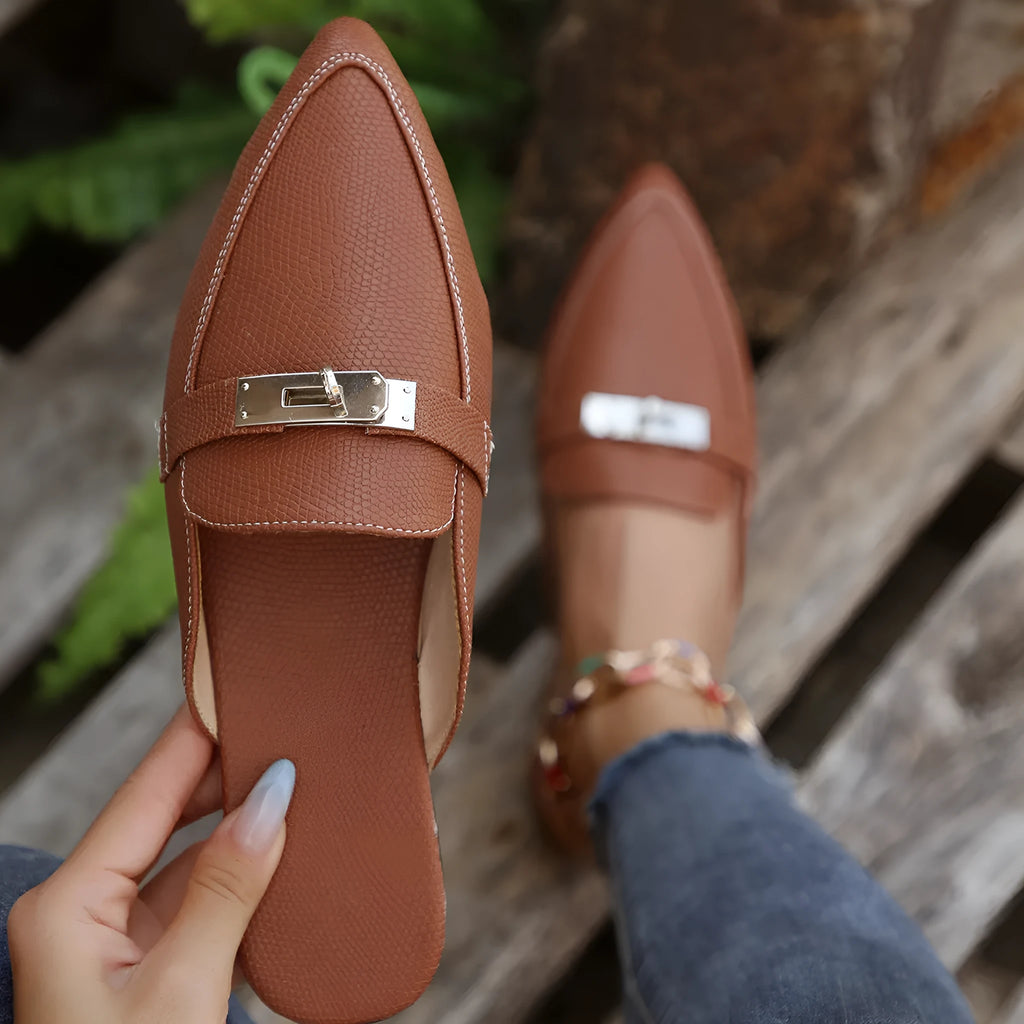 Light brown women's pointed-toe low heel semi-slippers on a white background