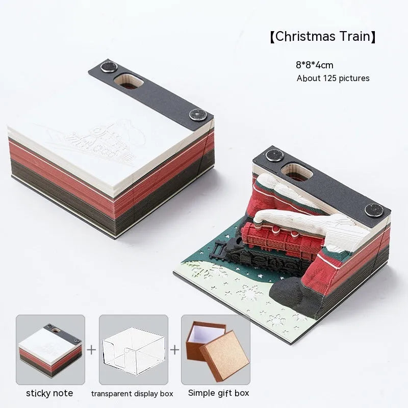 3D sticky notes with paper carving of Qingshui Temple in raised architectural relief with Christmas Train cover design