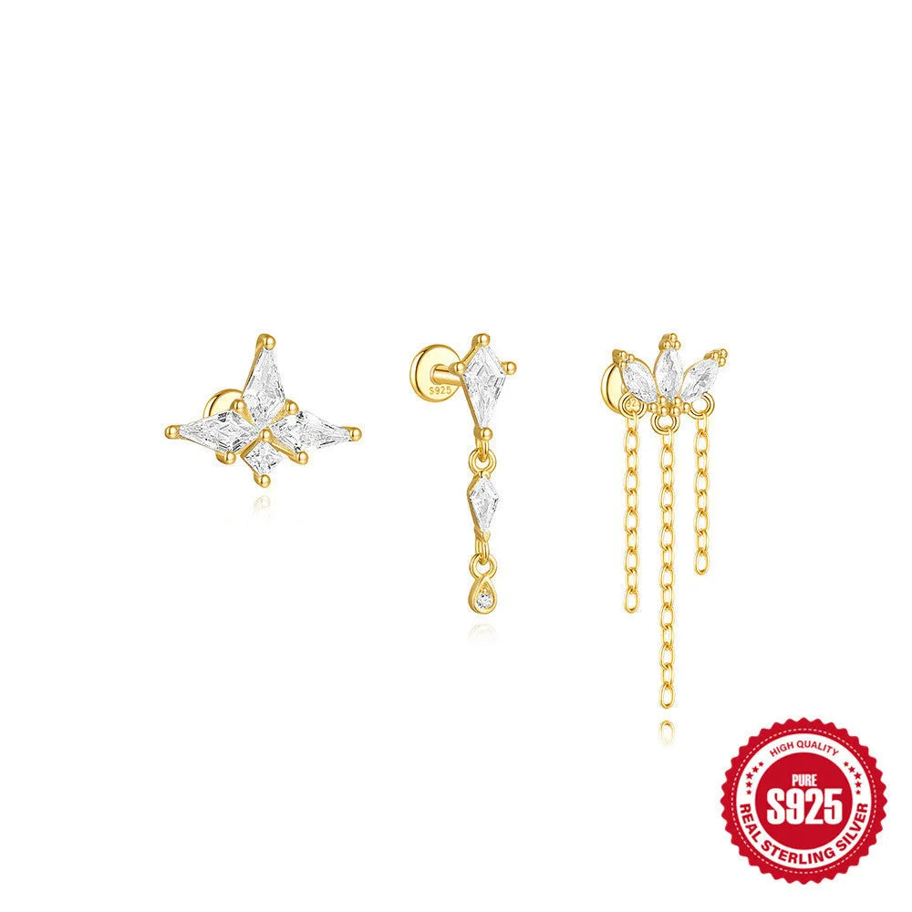 S925 sterling silver geometric kite earring with rhinestones and a dangling chain tassel in a gold colour.