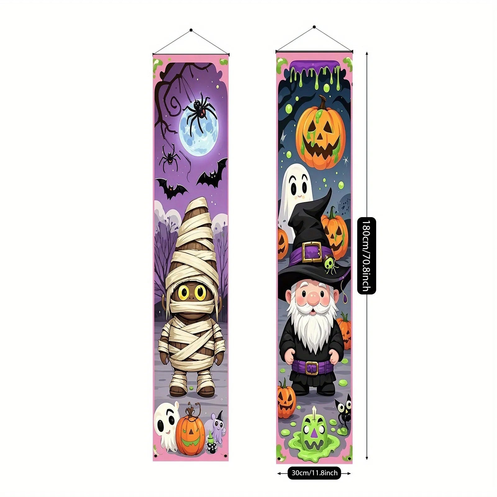 Pair of polyester Halloween couplet banners measuring 30x180cm each for seasonal decoration displays