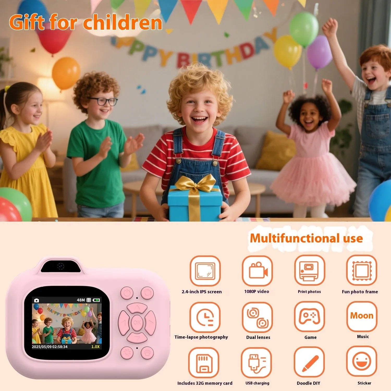 Children's digital camera in pink, blue or purple with video recording and games functions