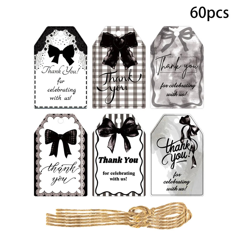 Birthday party gift tags with bowknot designs and hemp rope ties in three style variations