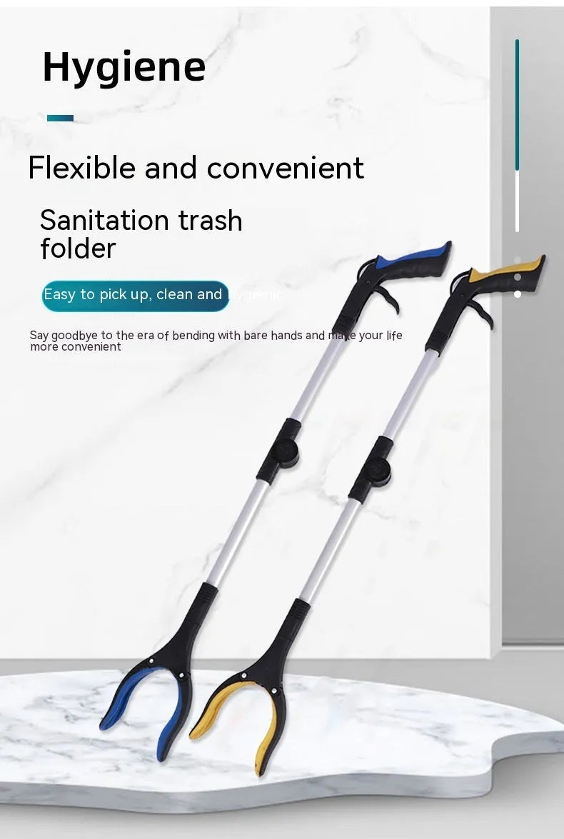 Foldable aluminium garbage pick-up clamp with magnetic end, shown extended and with blue handle.