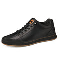 Men's white and black matte leather casual shoes with flat heel and round toe, showing hollow-out, standard, and fleece-lined versions.