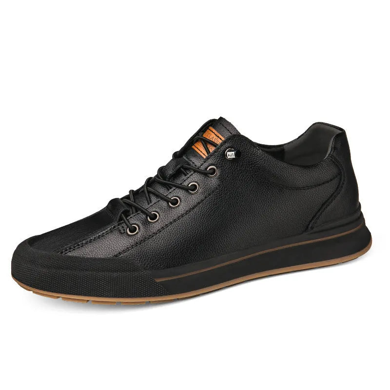 Men's white and black matte leather casual shoes with flat heel and round toe, showing hollow-out, standard, and fleece-lined versions.