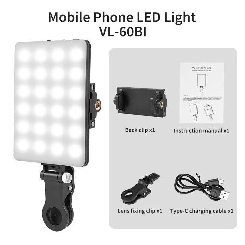 Pocket LED fill light with clip mount attached to mobile phone for photography lighting